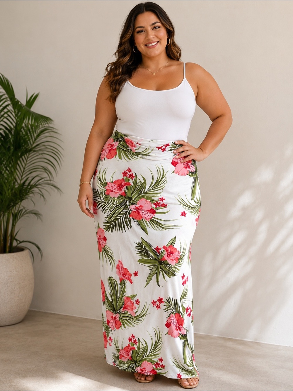 Rouge! White Maxi Skirt with Pink Floral & Green Leaf Print